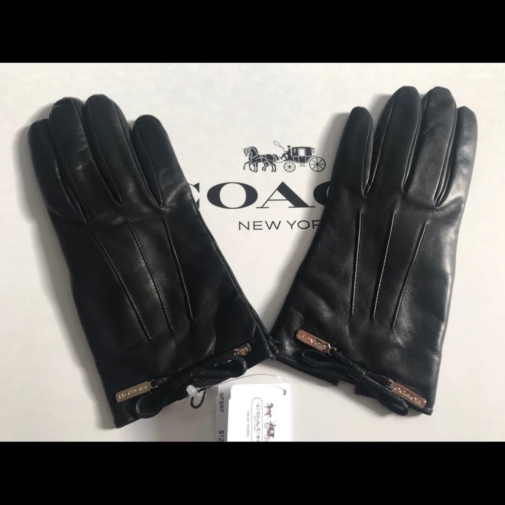 NWT COACH LEATHER BOW WINTER GLOVES 83865 Black SIZE 6 1/2